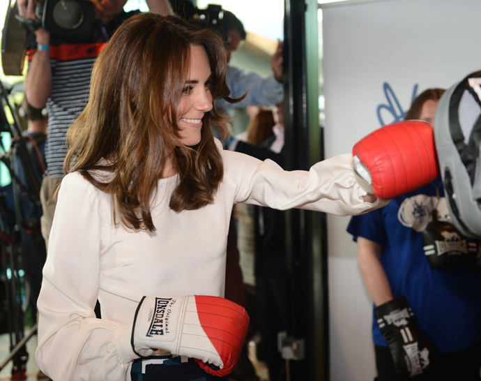 LONDON, ENGLAND - MAY 16:  Catherine, Duchess of Cambridge is seen boxing at Queen Elizabeth Olympic Park during the launch of the Heads Together campaign on mental health on May 16, 2016 in London, England. (Photo by Jeremy Selwyn - WPA Pool/Getty Images)