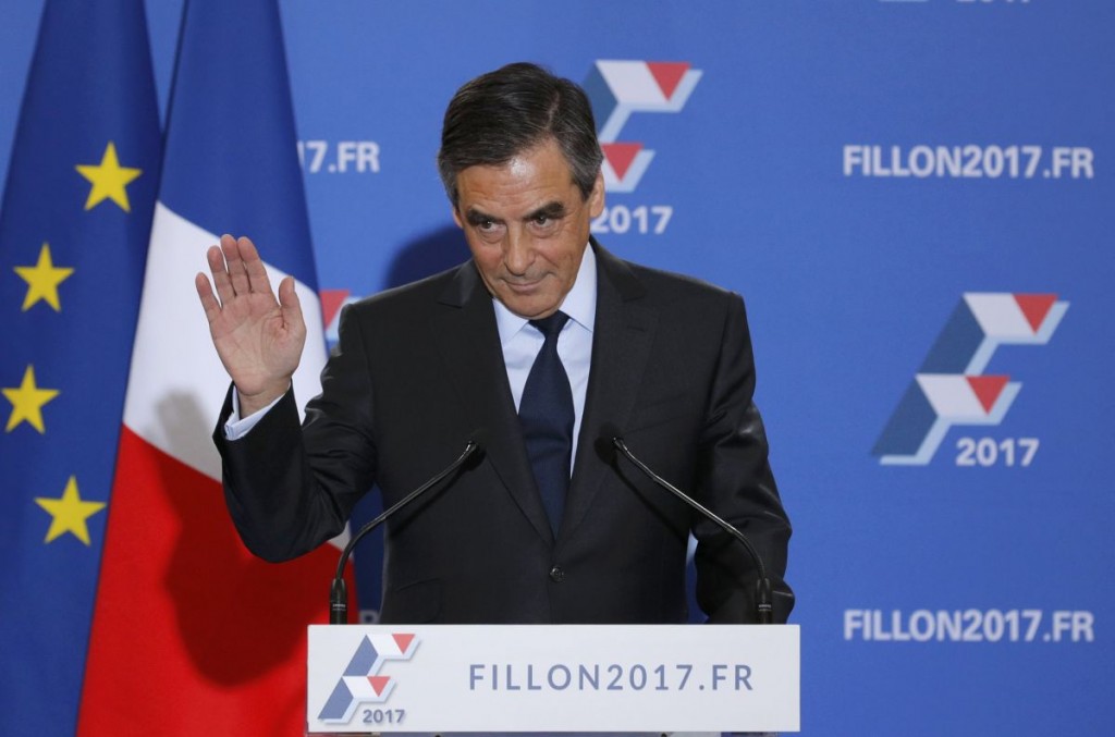 Francois Fillon, former French prime minister and member of Les Republicains political party, delivers his speech after partial results in the second round for the French center-right presidential primary election in Paris, France, November 27, 2016. Fillon, a socially conservative free-marketeer, is to be the presidential candidate of the French centre-right in next year's election, according to partial results of a primaries' second-round vote showed on Sunday.       REUTERS/Philippe Wojazer