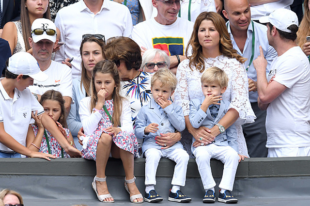 LONDON, ENGLAND - JULY 16:  Mirka Federer and her children attend the Mens Singles Final during day thirteen of the Wimbledon Tennis Championships at the All England Lawn Tennis and Croquet Club on July 16, 2017 in London, United Kingdom.  (Photo by Karwai Tang/WireImage)